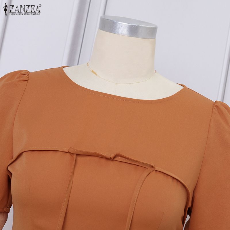 ZANZEA Women Casual Round Neck Solid Color Short Sleeve Dress
