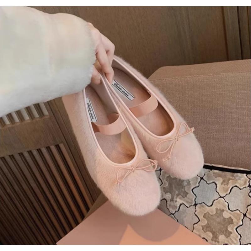 New Fashion Sweet Pink Mink Fur Ballet Flats Women Round Toe Bowtie Plush Inside Mary Janes Shoes Female Elastic Band Moccasins