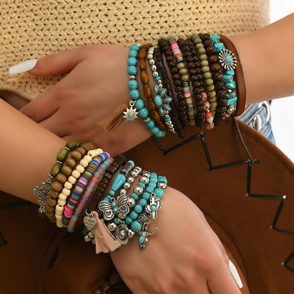Boho Beaded Stack Bracelet Set, Multi-Layer Wood & Turquoise Bead Bracelet for Women, Bohemian Casual Beach Jewelry
