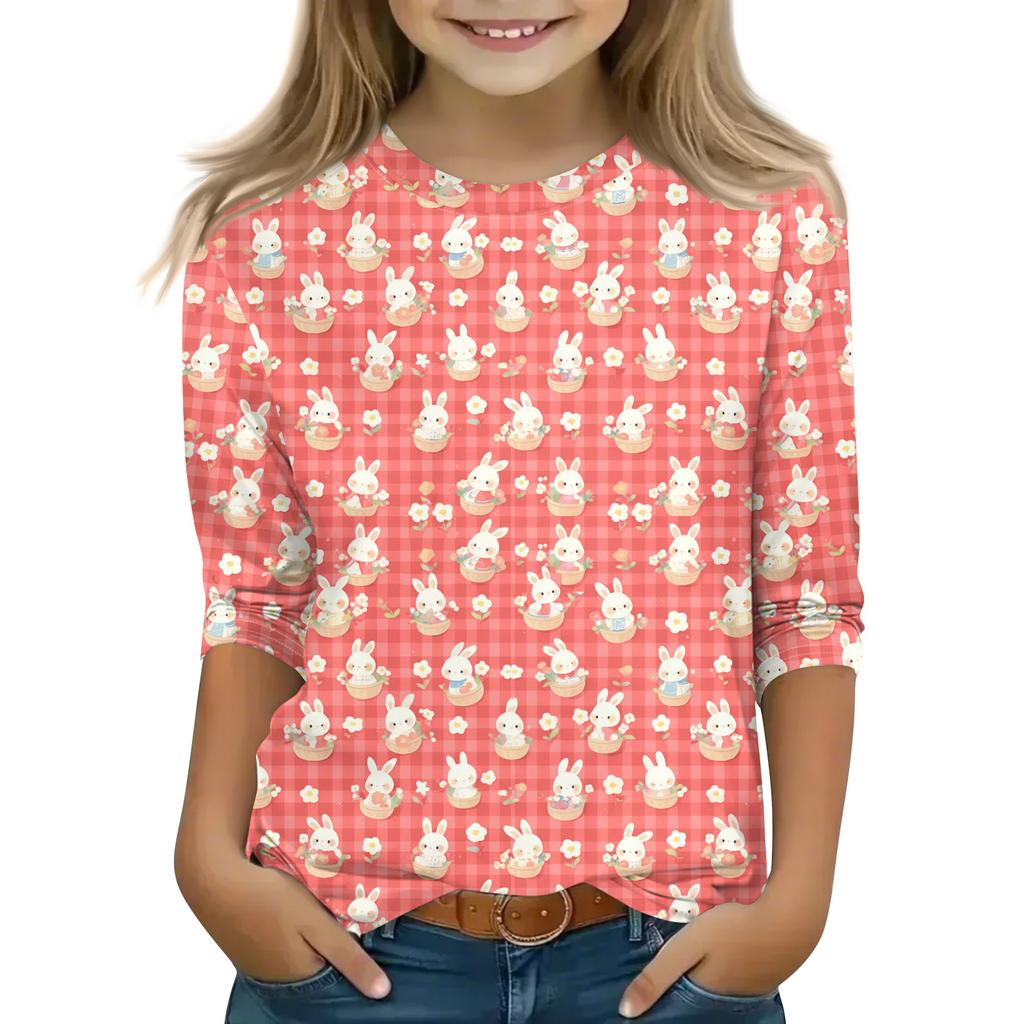 Print Tops For Youth Girls Round Neck 3/4 Sleeves T-Shirts Trendy Tops Outfit Tees