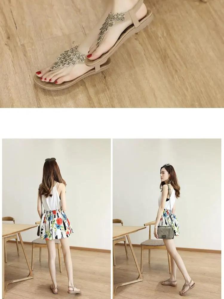 Johnature Grundlegende lässige Gummiband-feste ethnische Kristallrückseiten-Riemen-flache mit Flip-Flops-Frauen-Schuhen