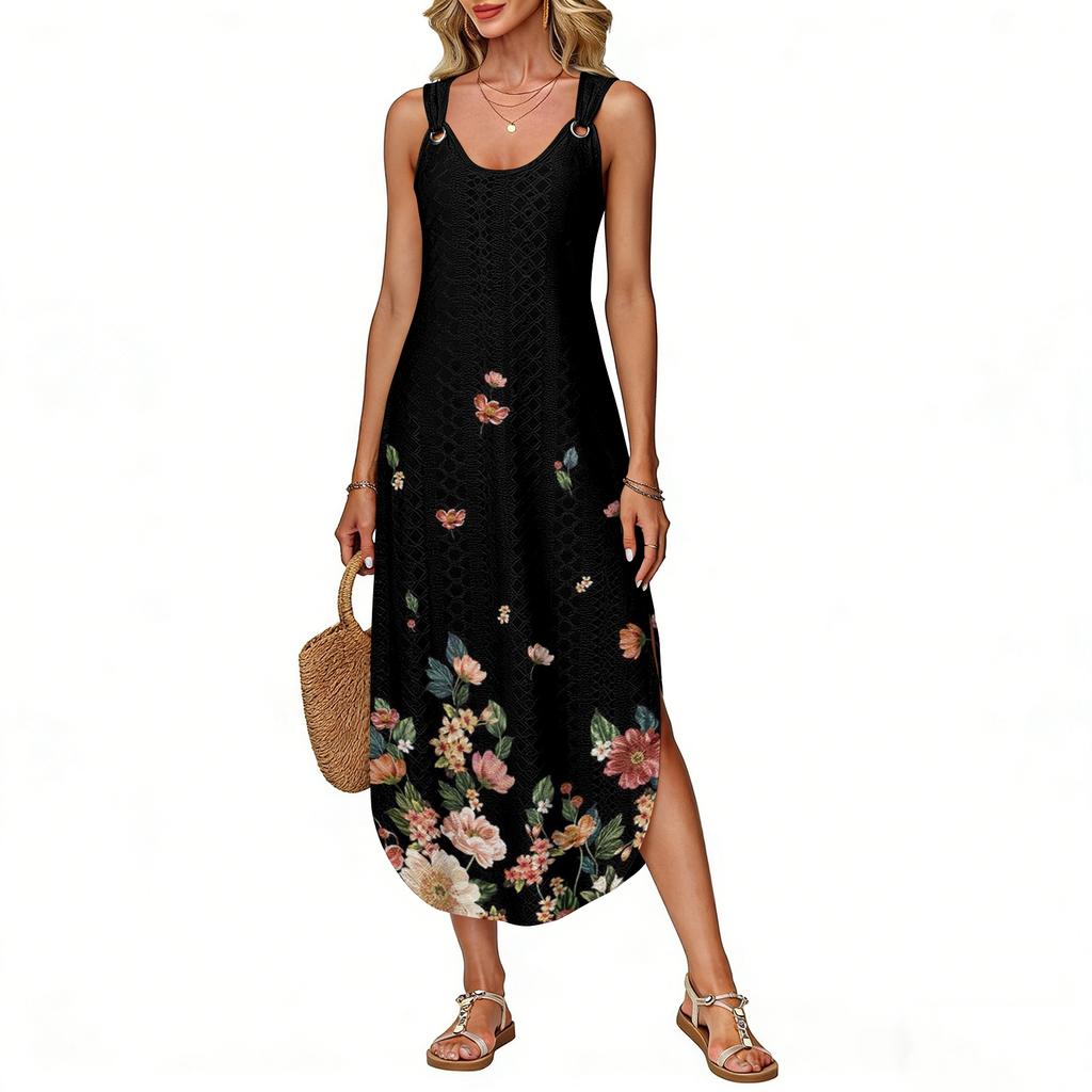 Women's summer long dress, sleeveless with side slits, long retro printed camisole dress