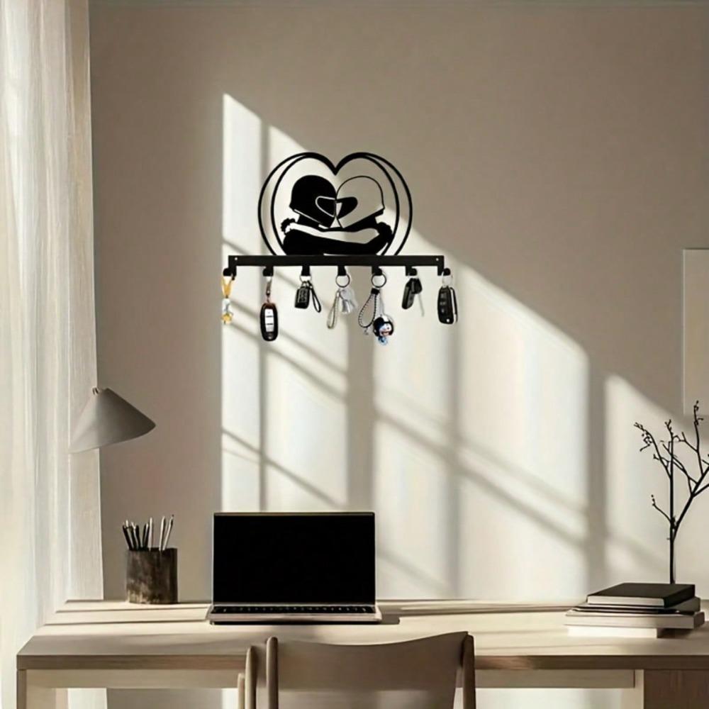 Metal Heart Key Holder with 7 Hooks Rustproof Wall Mounted Decorative Rack for Home Entryway Kitchen