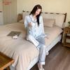 Frühlings- und Herbst-Eis-Seiden-Pyjama Damen Langarm-Strickjacke Hauskleidung Leichter Luxus Gestreift Gepunktet Kann draußen getragen werden Premium Revers-Pyjama