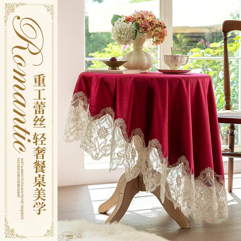 Italian Velvet Round Tablecloth Red Thick Fabric Lace Trim Wedding Banquet Home Dining Table Cover