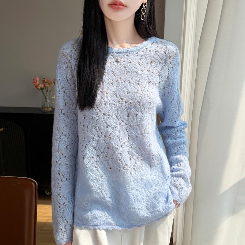 Women's Elegant French Style Hollow Knit Wool Cardigan Sweater - Round Neck
