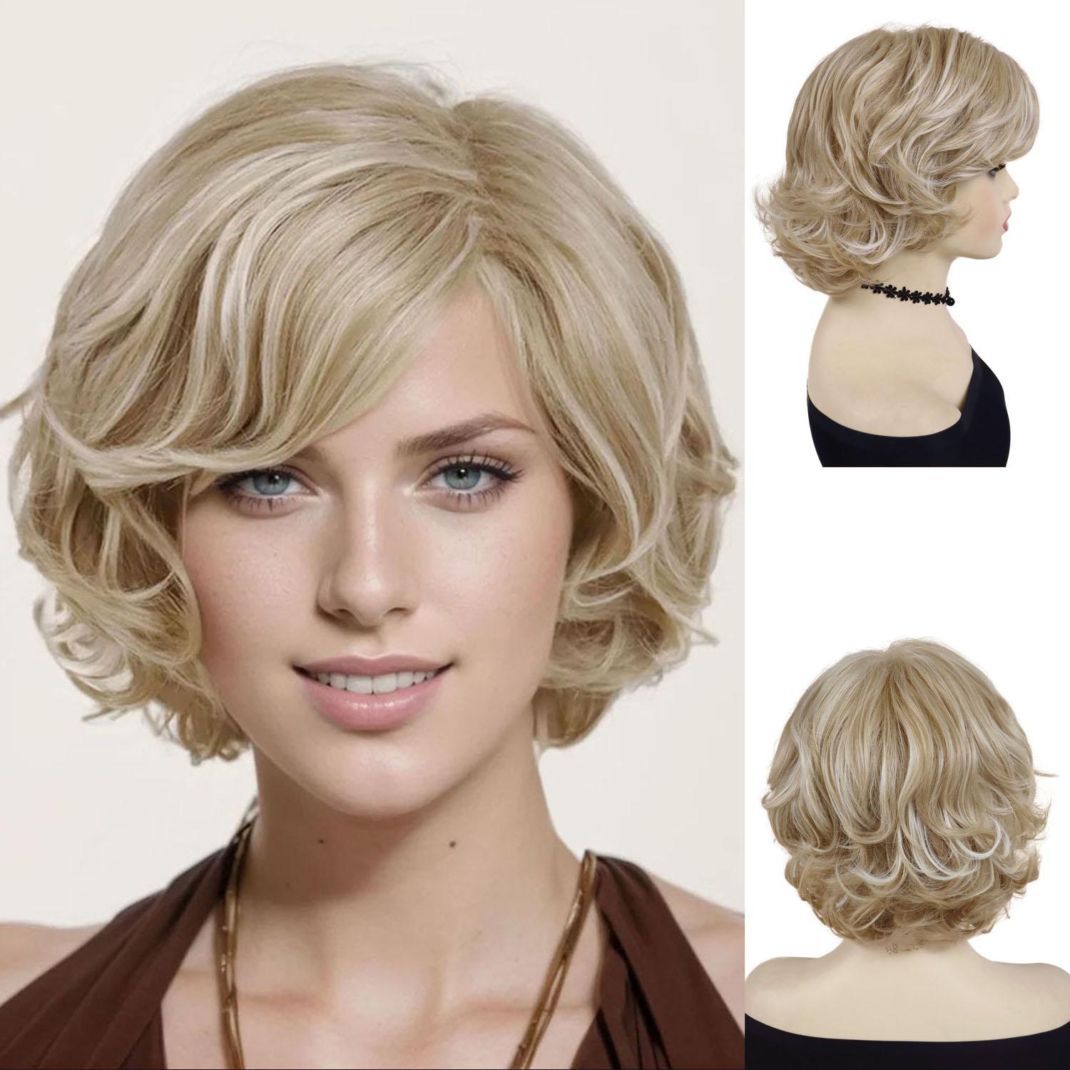 

Элегантный женский синтетический блонд парик с челкой для леди короткие кудрявые парики повседневный вечерний костюм косплей термостойкий