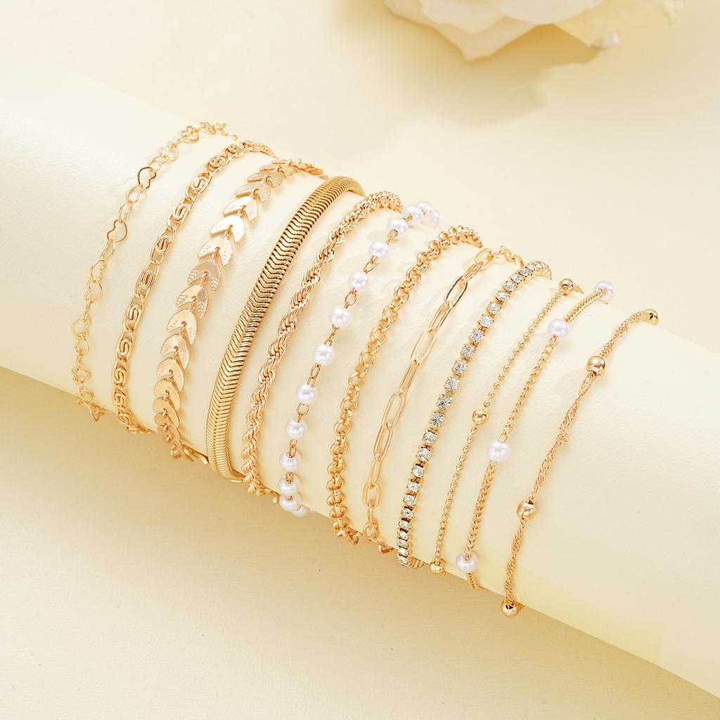 12Pcs Vintage Elegant Gold Color Bracelet Sets Simple Copper Metal Zircon Pearl Chain Bracelet Everyday Party Jewelry Gifts 2026