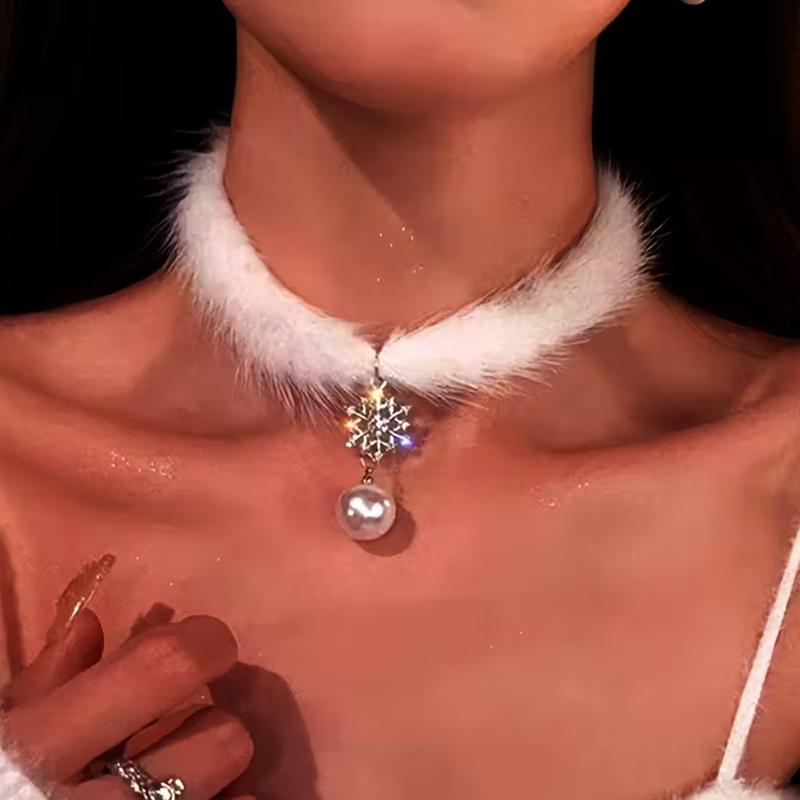 1/2PCS Choker Party Christmas Outfits Gift Necklace Daily Wear Collarbone Chain Pearl Pendant Jewelry Plush Black/White