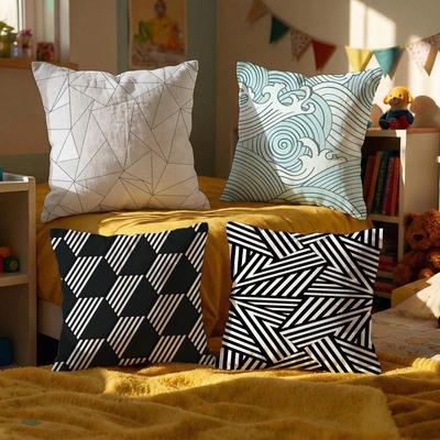 Geometric Line Texture Cushion Cover Set of 4 Decorative Short Plush Pillow Covers for Sofa, Soft Cushion Case Cm