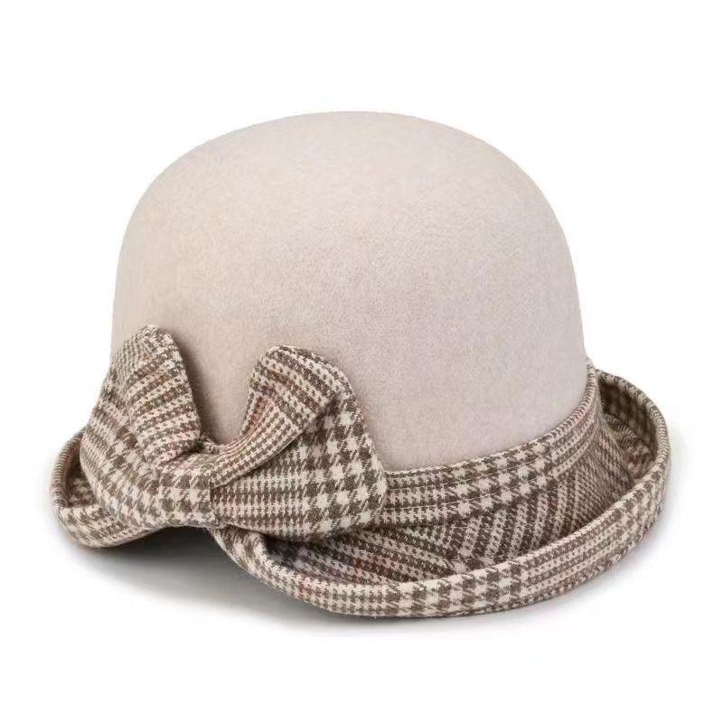 

Шляпа-котелок женская осенне-зимняя с отворотом, элегантным бантом, шерстяная, клетчатая, британская