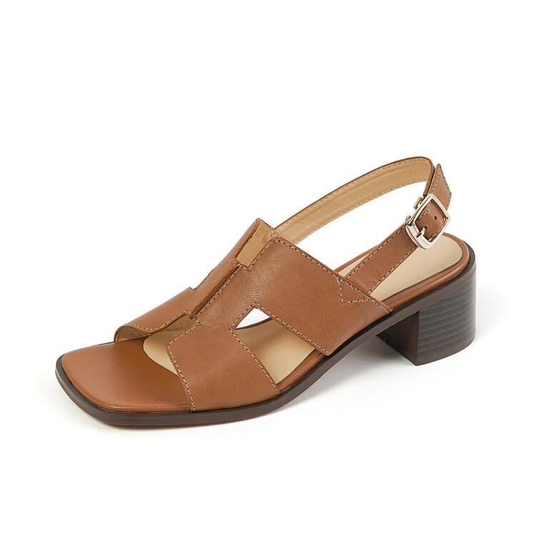 Fashion 2025 Summer Women Shoes Square Toe Chunky Heel Women Sandals High Heels Ladies Shoes Casual Leather Shoes Women Genuine Leather