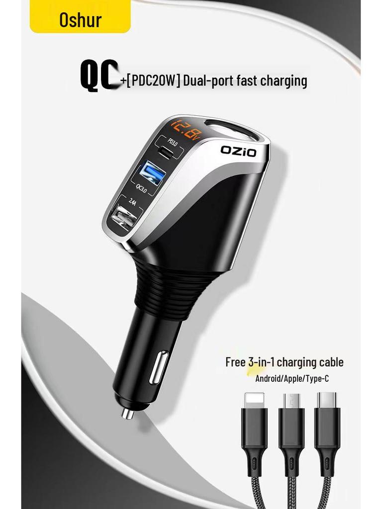 Oshur Fast Charging Car Charger with USB Expansion & Triple Cigarette Lighter Adapter