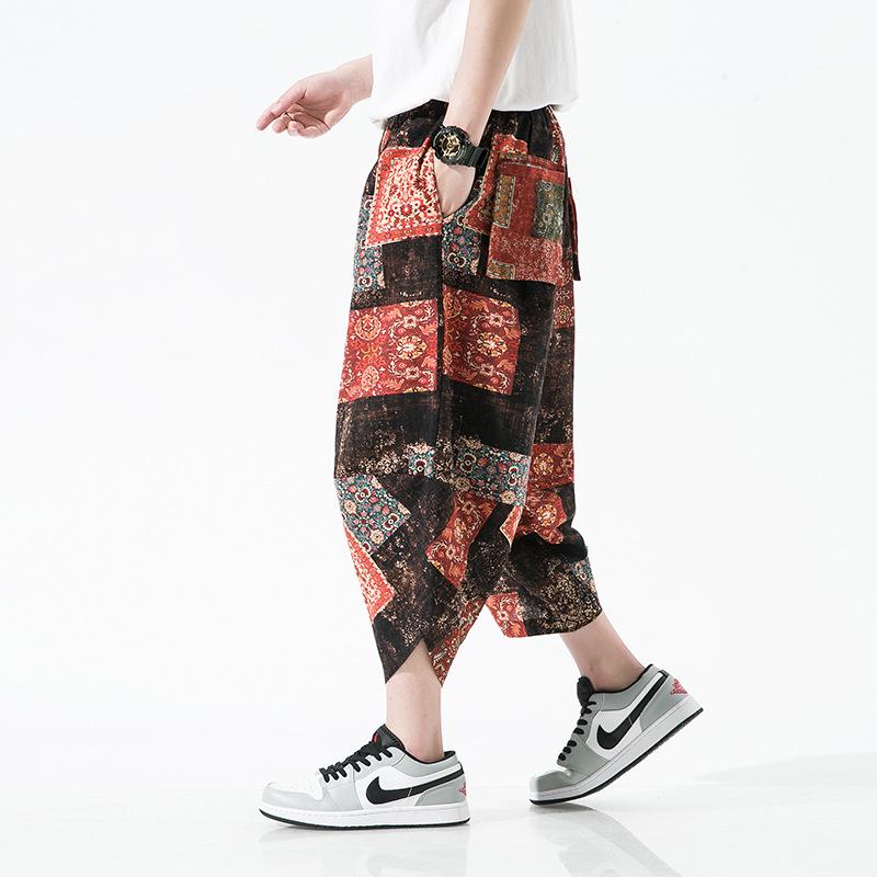 2025 Summer Men's Plus Size Ethnic Print Harem Pants - Loose Fit, Straight Leg, Drop Crotch