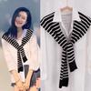 Korean  Black And White Striped Solid Color Knitted Shawl For Women