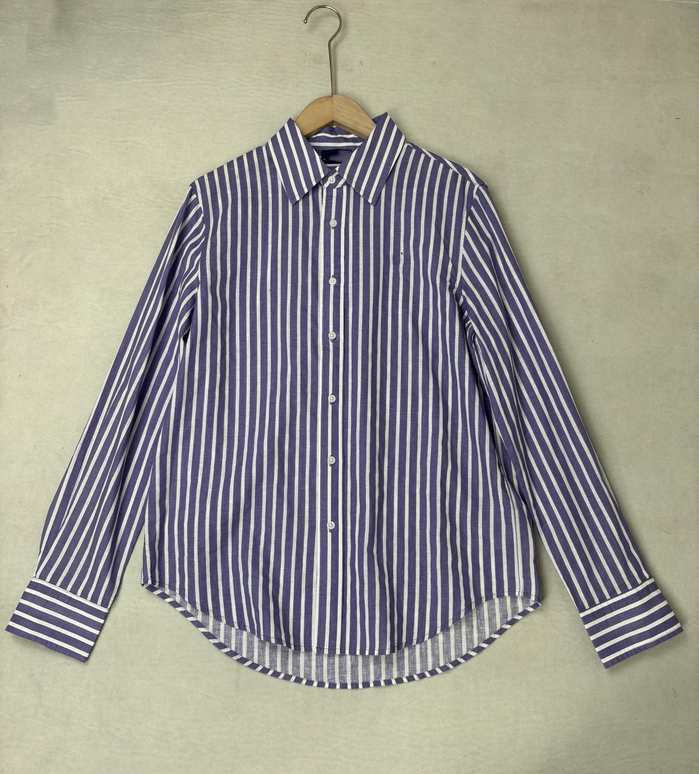 Women s Green Striped Linen Shirt with Embroidered Lapel, Breathable, Comfortable, Elegant Long Sleeve. Small