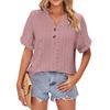 Women's Casual V-Neck Rolled Button Short Sleeve T-Shirt Top