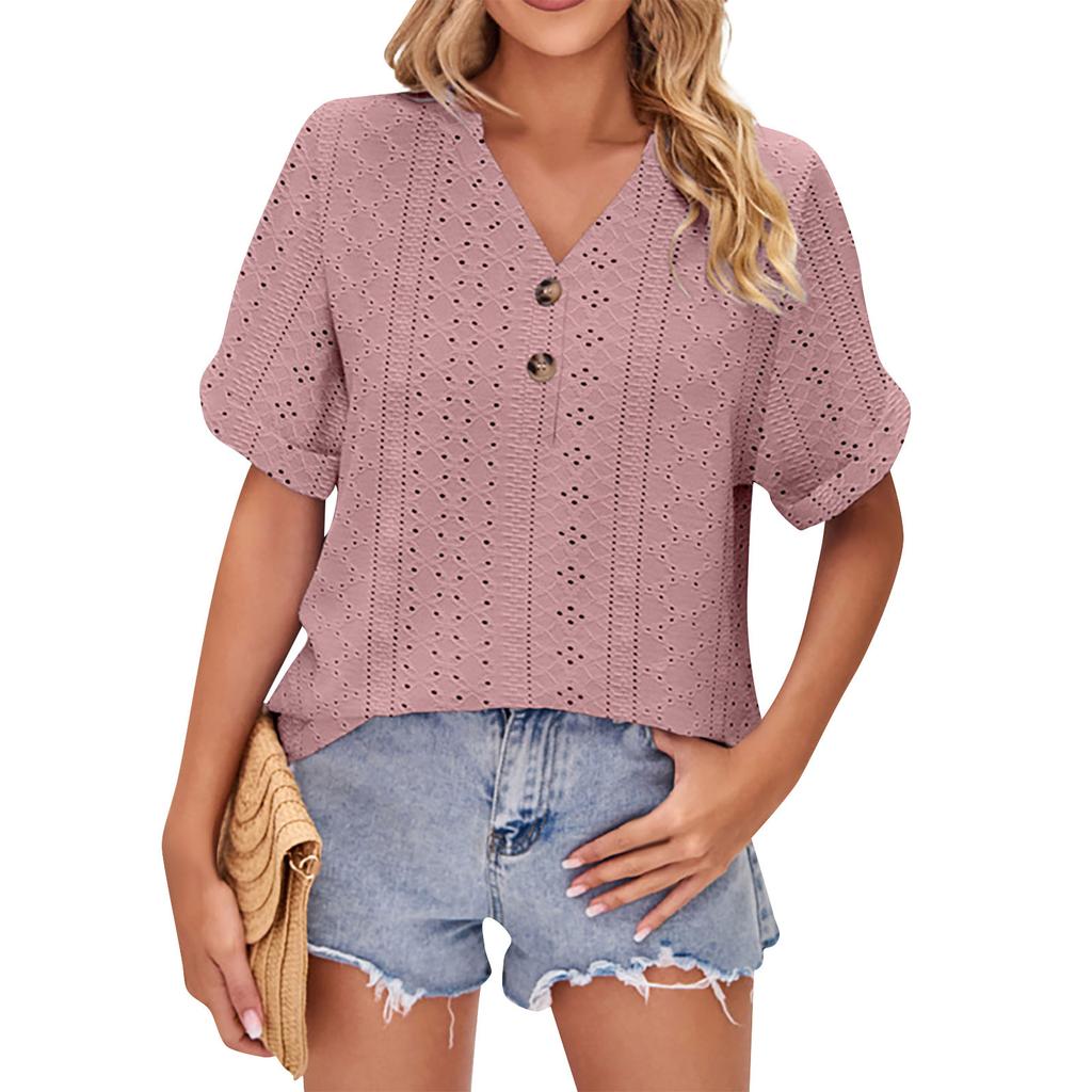 Women's Casual V-Neck Rolled Button Short Sleeve T-Shirt Top