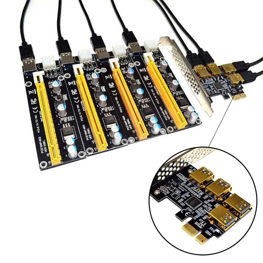 Black 4 Ports PCIe Riser Adapter Board PCI-E 1x to 4 USB 3.0 PCI-E Rabbet GPU
