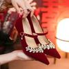 High Heels 2026 New Red Pointed Toe Lace-up Chinese Two-Wear Block Heel Wedding Shoes