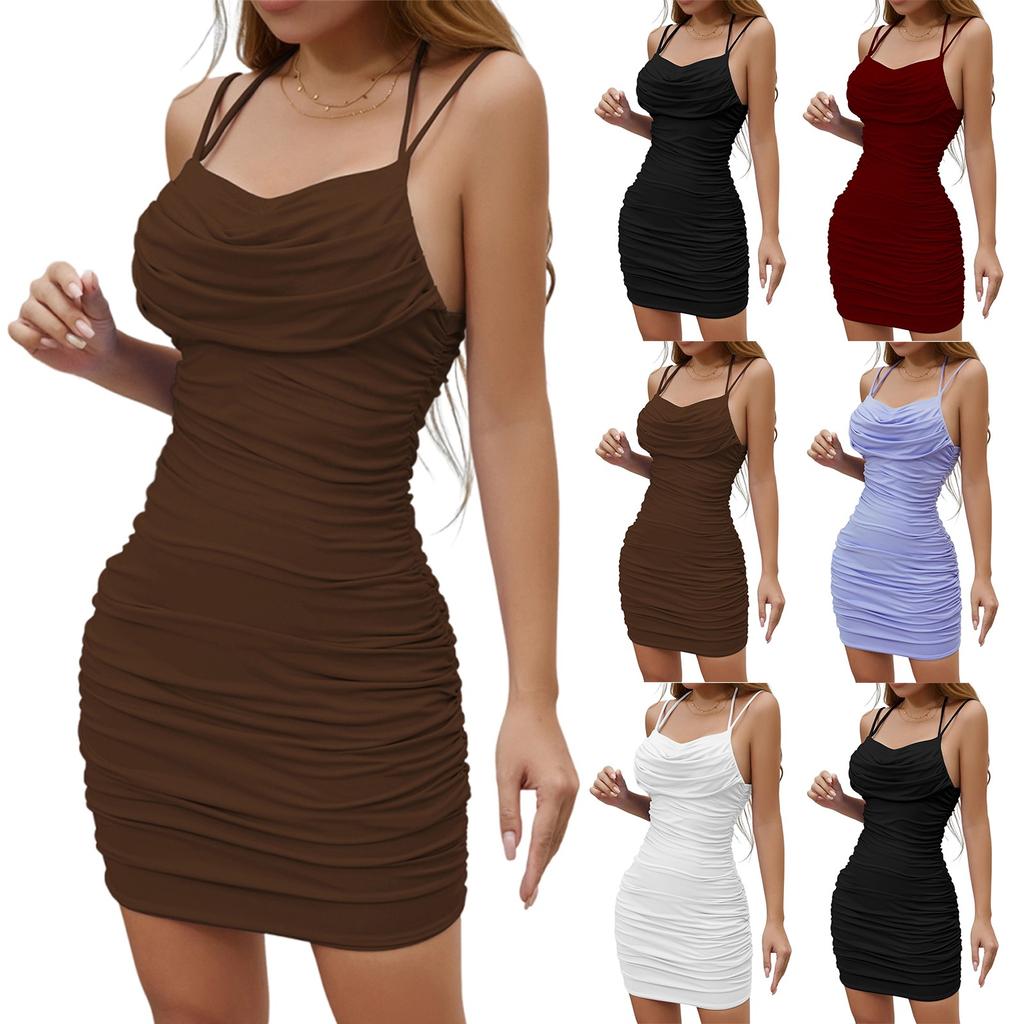 Women's Dress Double Straps Pleated Sexy Dress Solid Color Party Night Dress