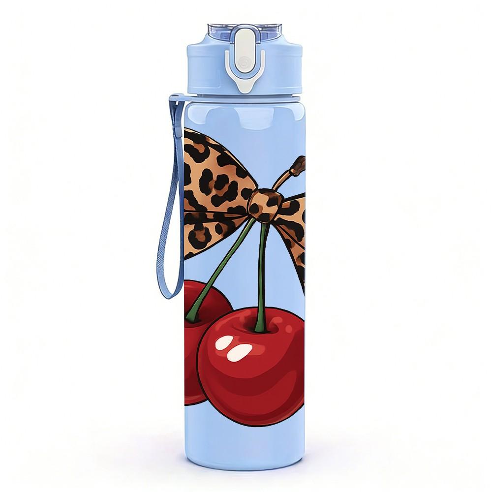 1PC Cherry Fruit Leopard Bow Print 750ml Color Plastic Sports Water Bottle Leakproof Flip Straw Lid Suitable for Sports Office Home Use