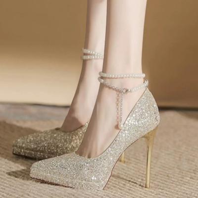 Summer 2024 Pearl Waterproof Table Pointy Champagne Crystal Bridal Shoes High Heels Women Shoes Pumps