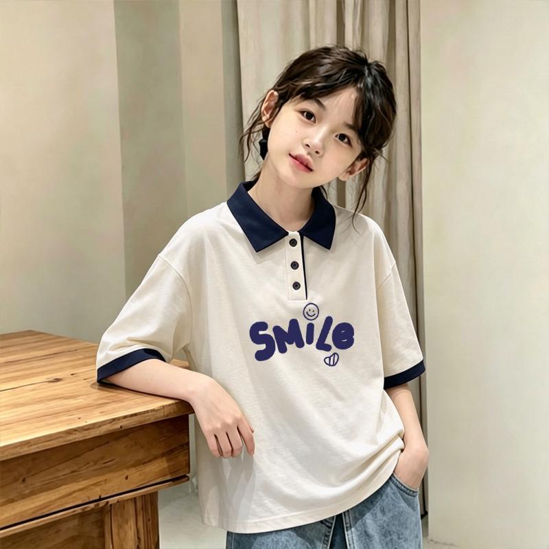 Girls' Cotton Color Block Short Sleeve Polo Shirt, Summer 2026 New Style, Medium/Large Kids' Loose Lapel T-shirt, Trendy.