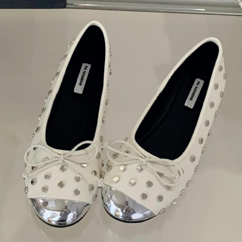 Fashion Fashion Metal Rivet Decoration Mary Jane Shoes Women Sweet Bow Round Toe Shallow Ballet Flats Comfortable Non-Slip Dress Shoes