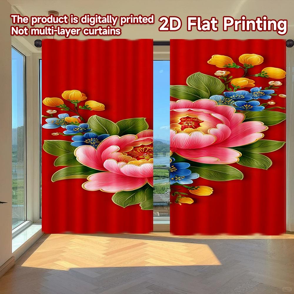 

Flat Printing Curtains Without Rod Floral Red Celebration Design Valentine Is Day Festival Yarn Curtain Set Of 2 Minimalist Made Polyester Washable W100*H70(CM)-Grommet top&1PCS