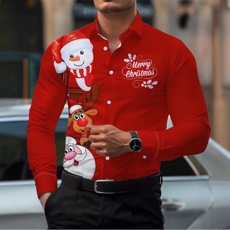 Pánské Vánoční košile s dlouhým rukávem a 3D digitálním potiskem, ležérní topy na podzim a zimu