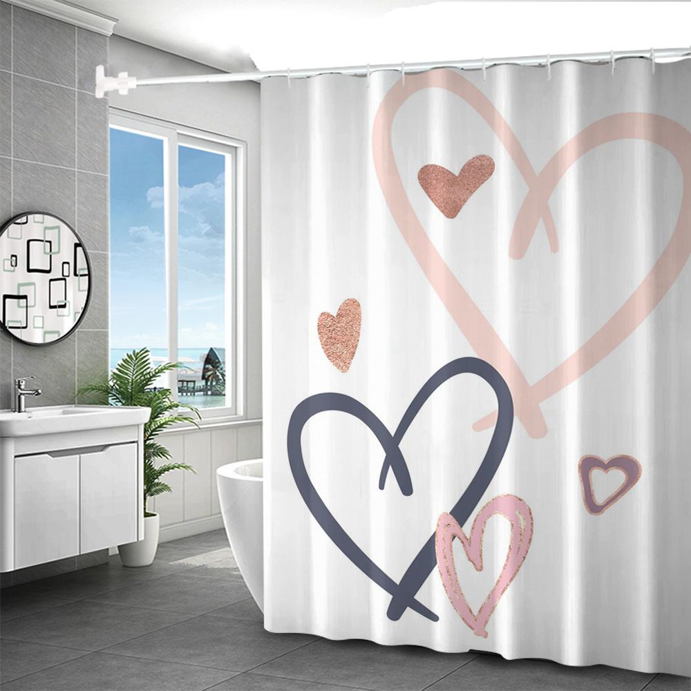 1pc Fashion Heart Print Bathroom Decor, Polyester, Machine Washable, Woven No-Drill Partition Door Drape with Hook