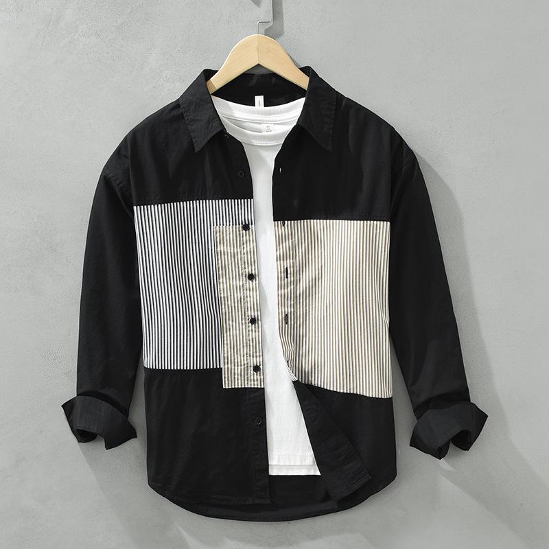 

Японская полосатая повседневная мужская рубашка с длинным рукавом - осенняя модель свободного кроя с отложным воротником L чёрный