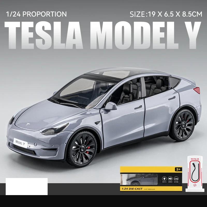

1:24 Tesla Model Y Model 3 Model S Металлический литой игрушечный автомобиль-модель Звук и свет Детская игрушка Коллекционные предметы Подарки на день рождения серый