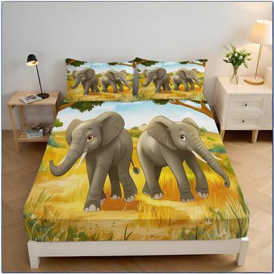 Elephants Fitted Sheet, African Landscape Bedding Set, Bed Sheets Room Decor For Teens Boys Girls,3 Piece Bedding Decor Set