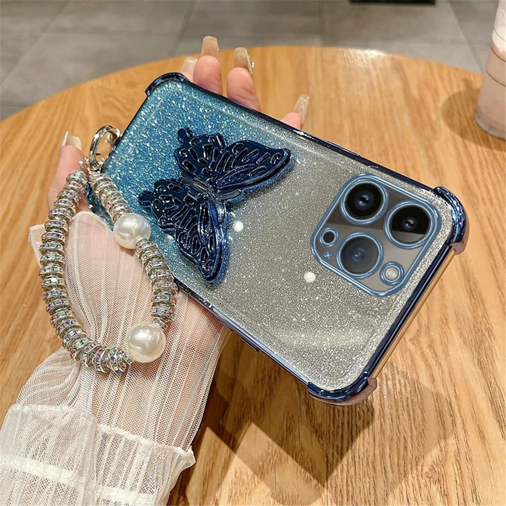 Butterfly Bracket Plating Glitter Phone Case For Samsung A13 A23 A33 A53 A73 A12 A22 A32 A52 A51 Shockproof Cover With Bracelet