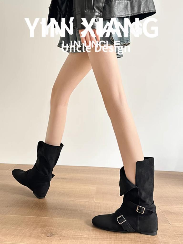 Retro belt buckle medium boots women's 2025 autumn and winter new thin and versatile western boots inner height increase Martin boots