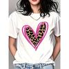 European Size Women's Retro White Short-Sleeve T-Shirt with Pink Leopard Print Heart & Black Spot Design - Casual Round Neck Top for Spring Summer