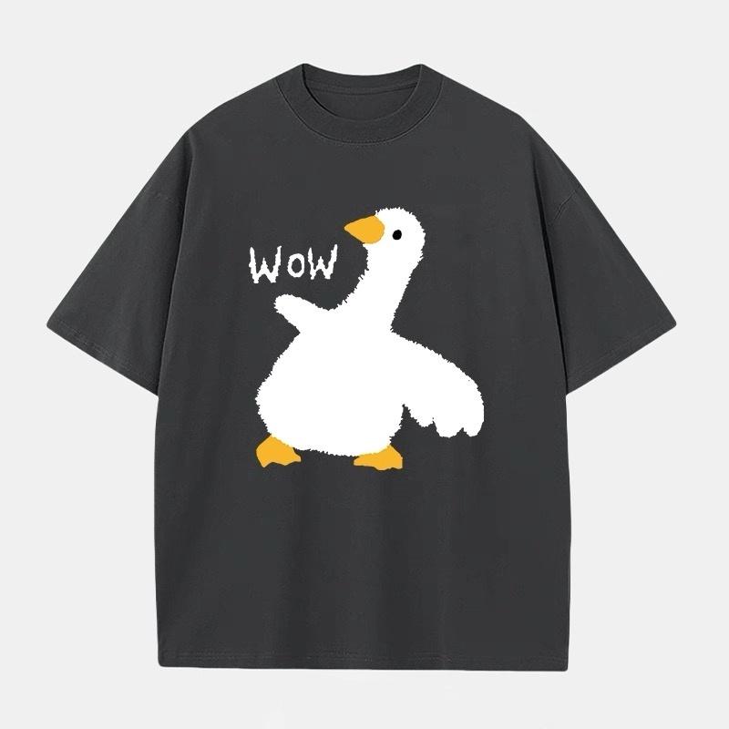 ZAZOMDE 2026 New Retro Doodle Animal T Shirt Fluffy White Goose with Wow Slogan Graphic Print Casual Hip Hop Oversized Tops