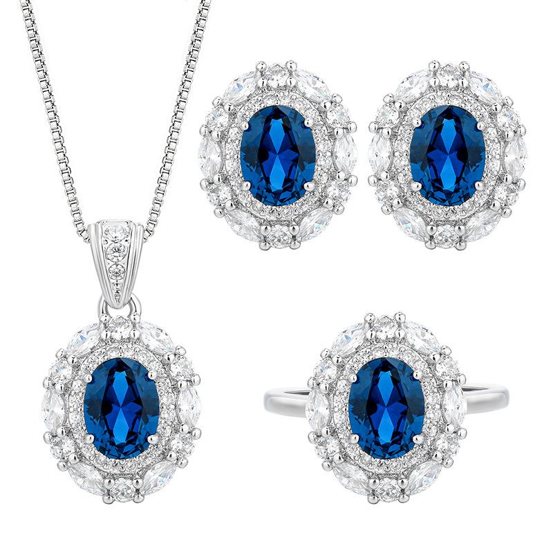Huamei Jewelry Set Light Luxury Blue Spinel Color Treasure Earrings Necklace Ring Simple Women'S