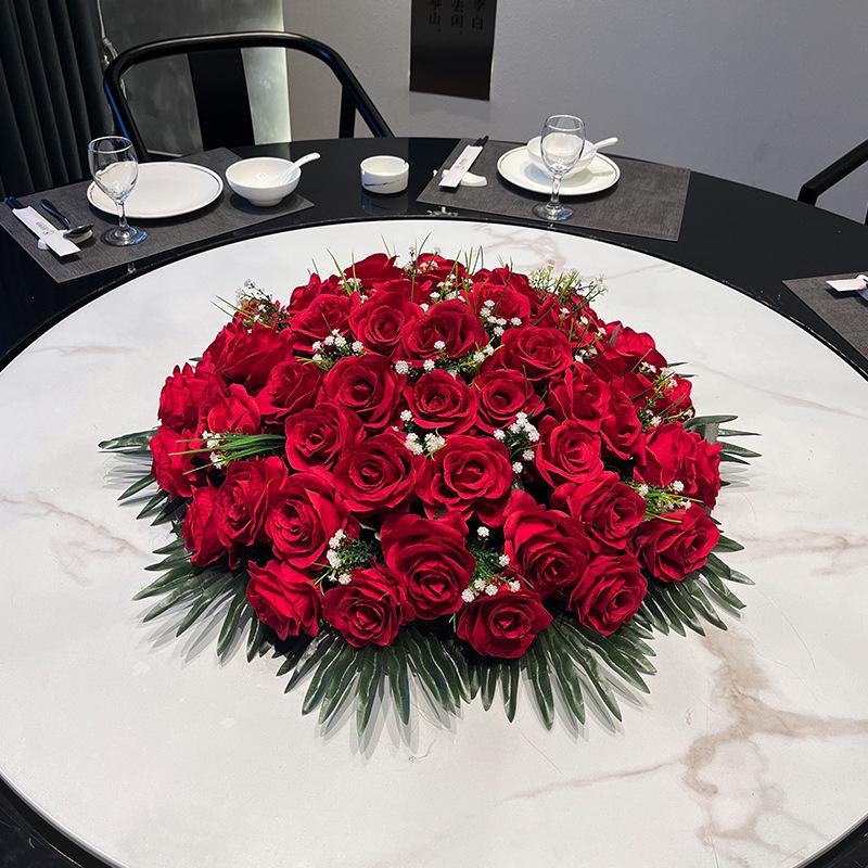 Large Round Hotel Dining Table Centerpiece: Artificial Flower Bouquet Arrangement with Turntable for Private Rooms