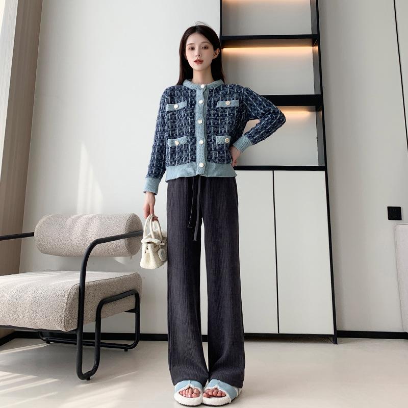 ! European Cotton Lint Sweatpants Women's Autumn and Winter New High-waisted and Thin Drape Casual Pants Knitted Straight Wide-leg Pants