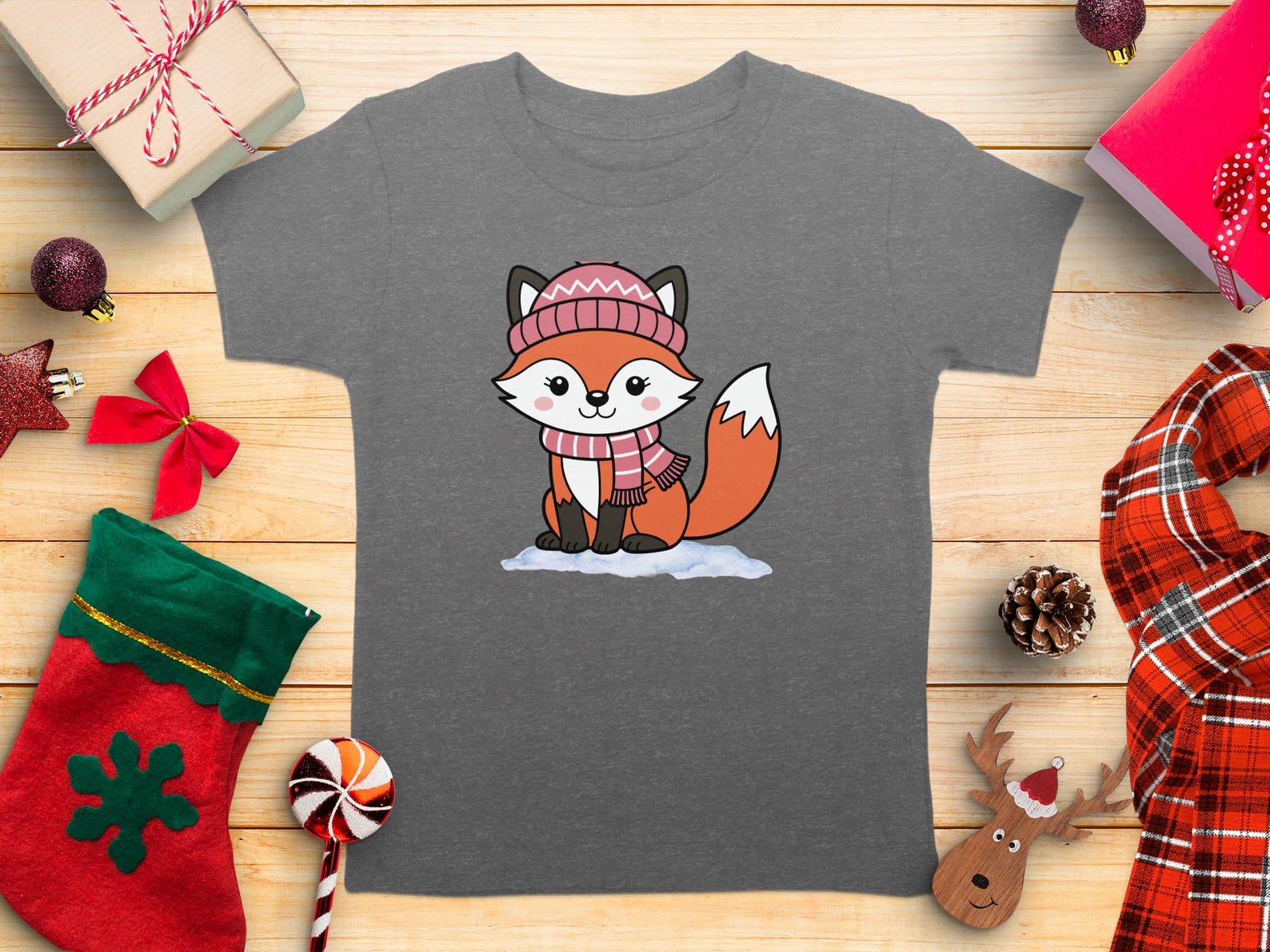 Kawaii Fox Winter T-Shirt, Woodland Animal Youth Toddler Tee, Baby Onesie Gift 3XL