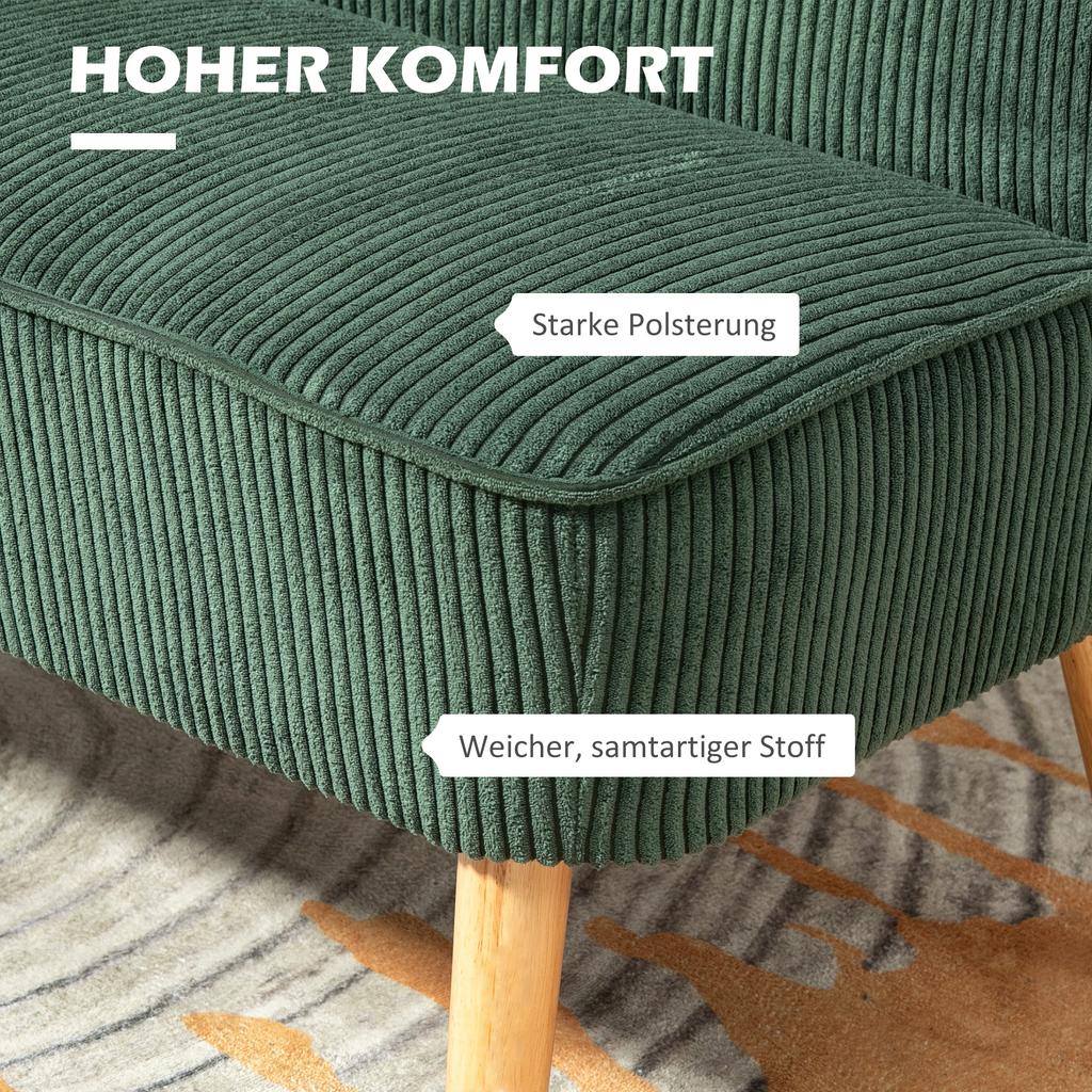 2-Seater Upholstered Sofa, Wood, Velvet-Like Polyester, Foam, 117 x 56.5 x 77 cm, Green