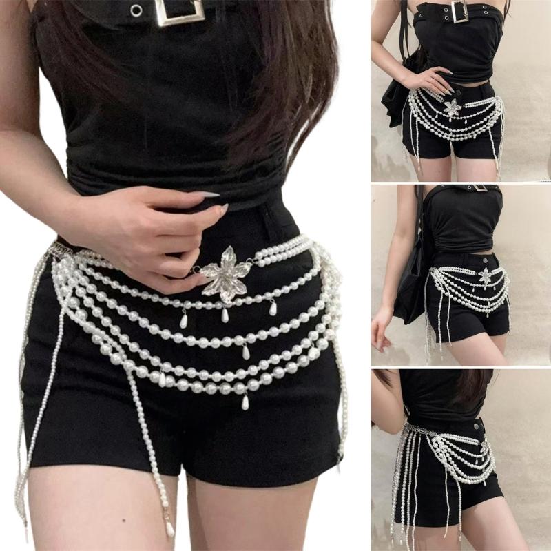 Fashionable Imitation Pearls Flower Waist Chain Belt Imitation Pearls Texture Perfect for Enhancing Party Outfits