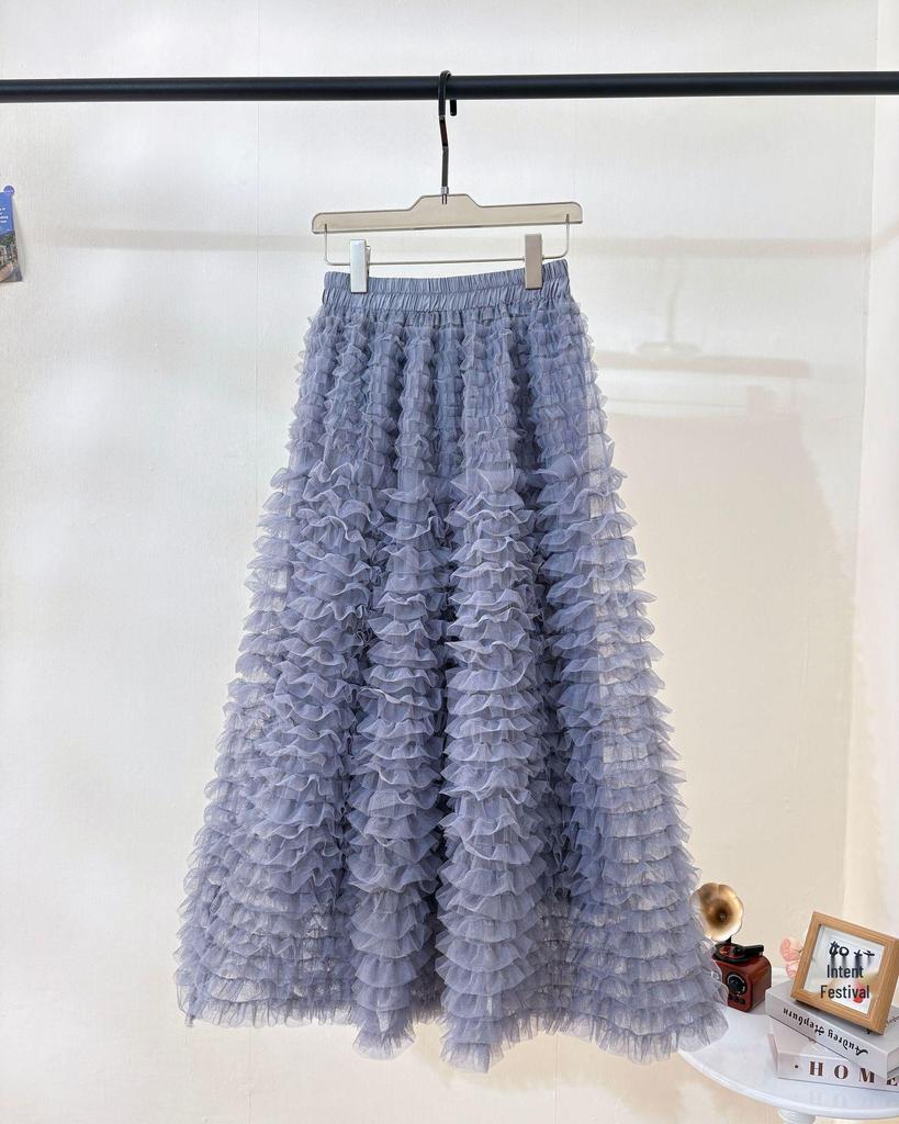 Sweet Apricot Embroidered Mesh Ruffle Midi Skirt - Fluffy, Layered and Versatile for Autumn/Winter