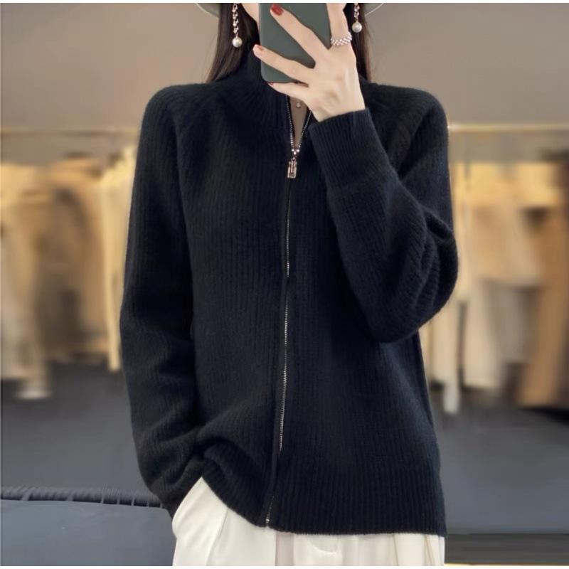 Spring Autumn and Winter Cardigan Women's Stand-up Collar Zipper Cardigan Thickened Cardigan Jacket Knit Sweater with Lazy Style