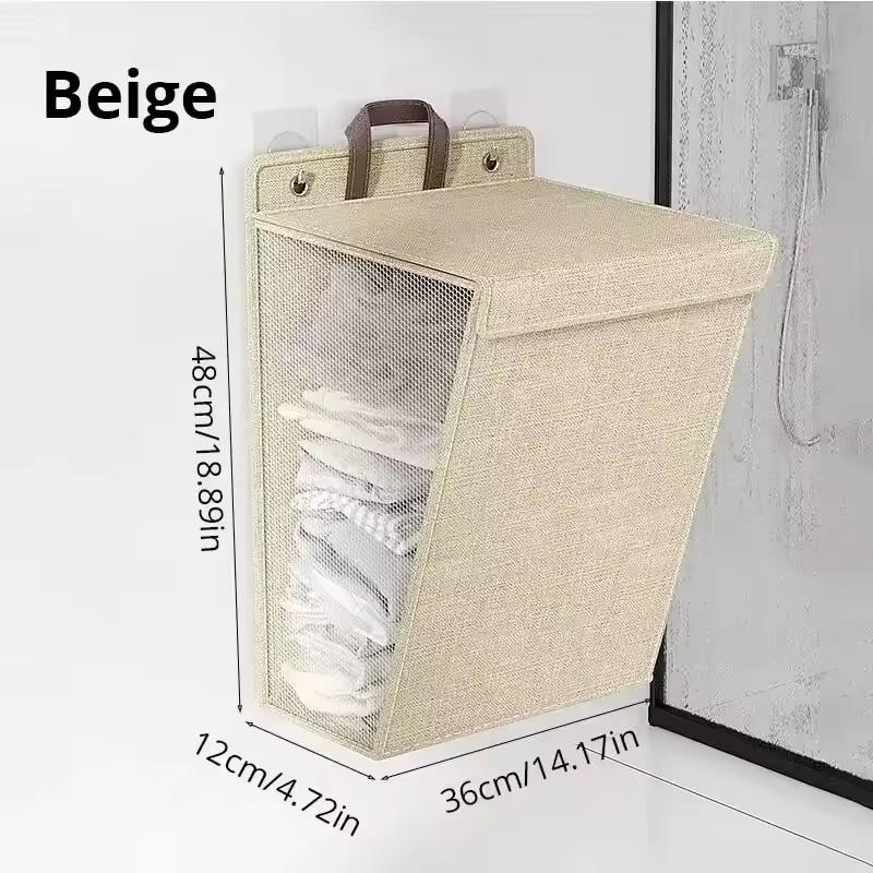 

1pc Foldable Adhesive Dirty Laundry Basket Hamper Multifunctional Punch Free Wall Hanging Washing Clothes Mesh Hook Organizer бежевий