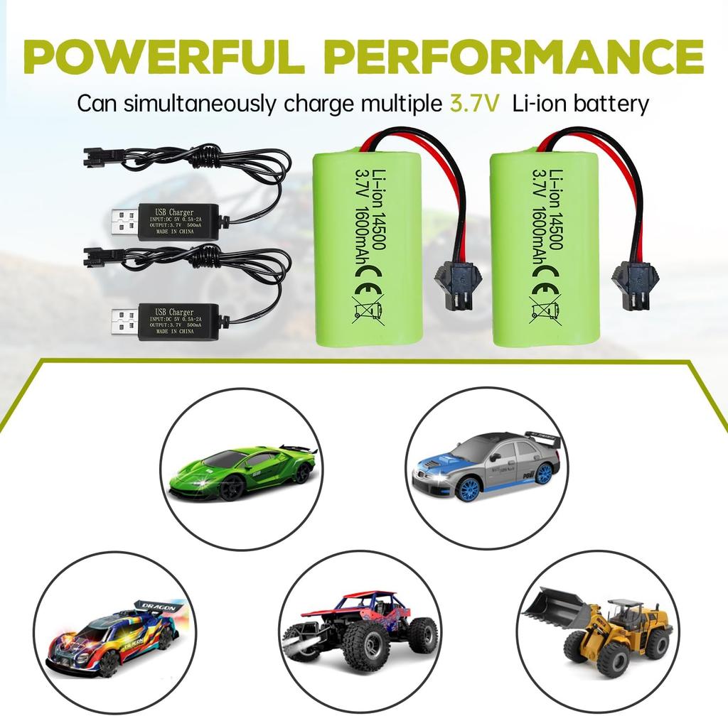 2x Li-ion Rechargeable Batteries 3.7V 1600mAh with SM-2P Connector + USB Cables – Compatible with RC Car 9962 8837 and Toy Truck