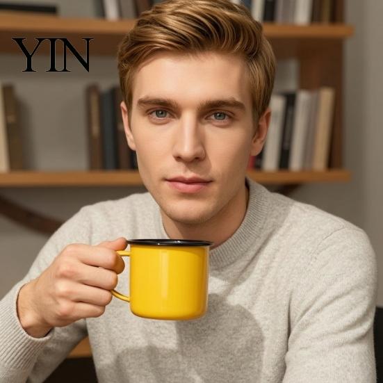 Camping Emailgeschirr Retro Emaille Kaffeetasse, 360ml Vintage Bunte Teetasse, Weißes Innenleben Tasse Nostalgischer Stil Trinkgeschirr für Büro und Zuhause
